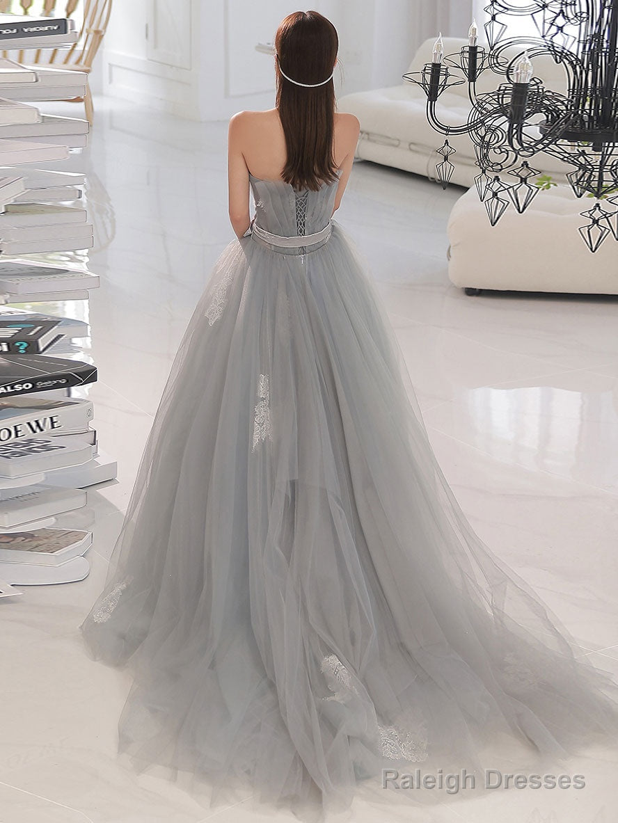 Gray A-Line Tulle Lace Prom Dresses Long Gray Prom Dresses