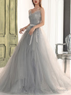 Gray A Line Tulle Lace Long Prom Dress Gray Formal Dress