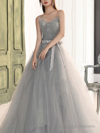 Gray A Line Tulle Lace Long Prom Dress Gray Formal Dress