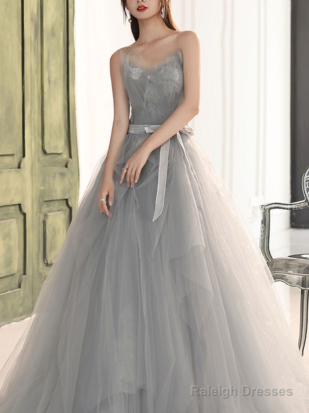 Gray A Line Tulle Lace Long Prom Dress Gray Formal Dress