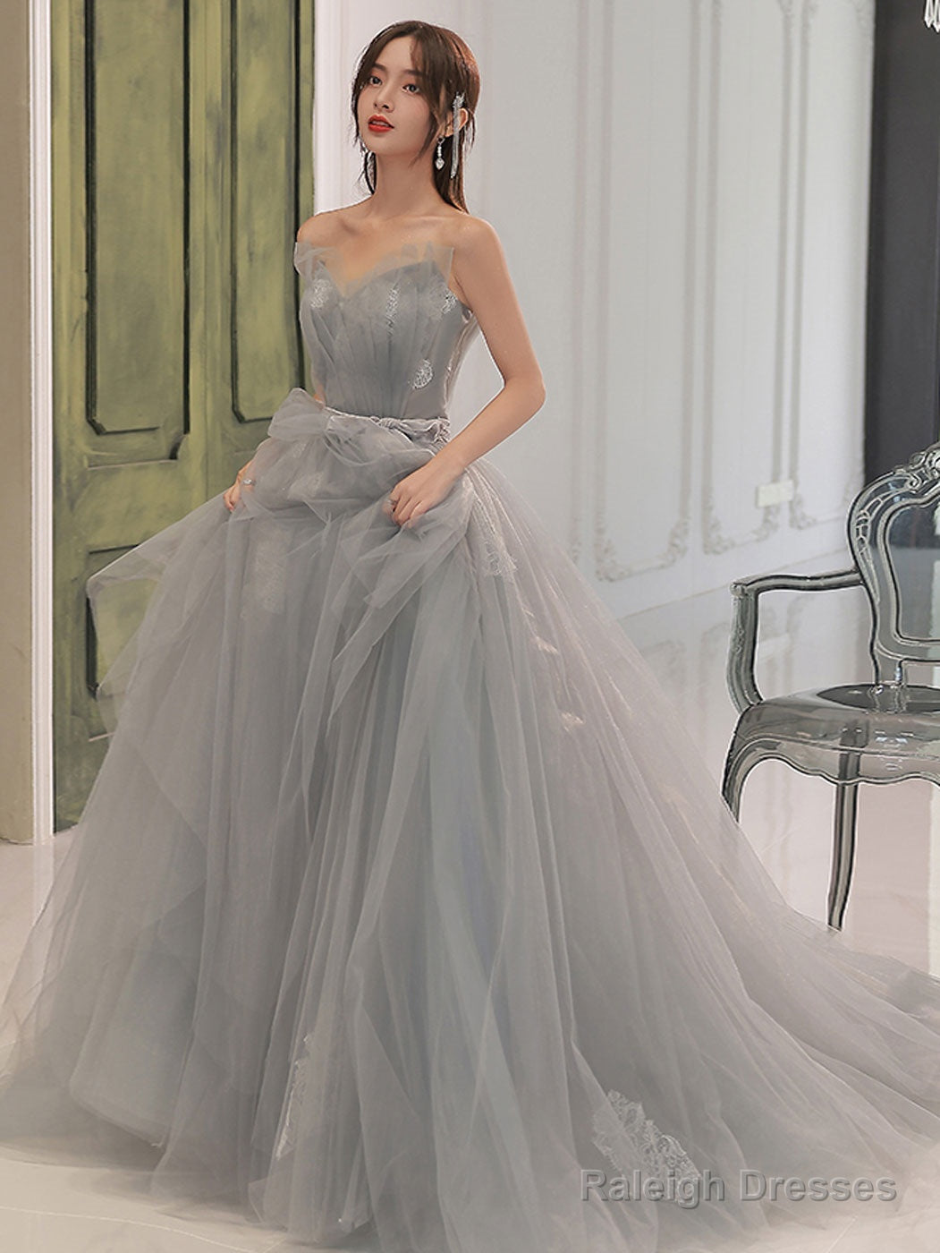 Gray A Line Tulle Lace Long Prom Dress Gray Formal Dress