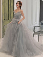 Gray A-Line Tulle Lace Prom Dresses Long Gray Prom Dresses