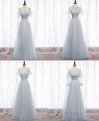Gray A line Tulle Long Prom Dress, Gray Formal Bridesmaid Dress