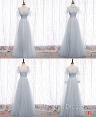 Gray A line Tulle Long Prom Dress, Gray Formal Bridesmaid Dress