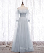 Gray A line Tulle Long Prom Dress, Gray Formal Bridesmaid Dress