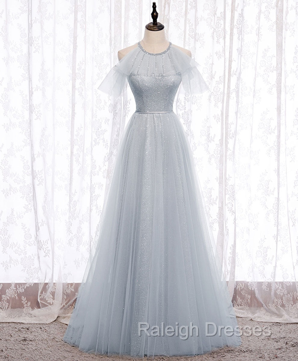 Gray A line Tulle Long Prom Dress, Gray Formal Bridesmaid Dress Main image