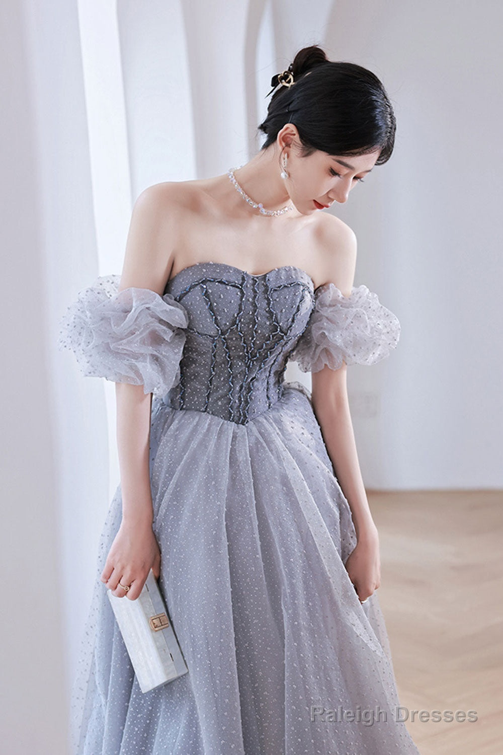 Gray A Line Tulle Long Prom Dress Gray Tulle Formal Dress Secondary image