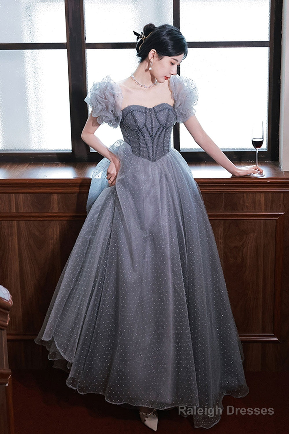 Gray A Line Tulle Long Prom Dress Gray Tulle Formal Dress Main image