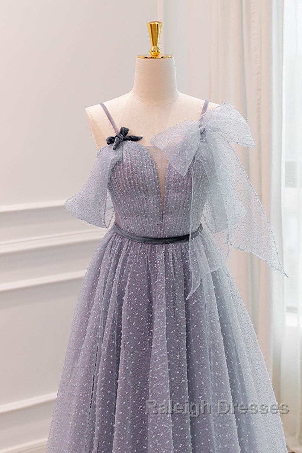 Gray A-Line Tulle Long Prom Dresses, Gray Formal Evening Dresses Secondary image