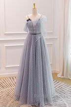 Gray A-Line Tulle Long Prom Dresses, Gray Formal Evening Dresses
