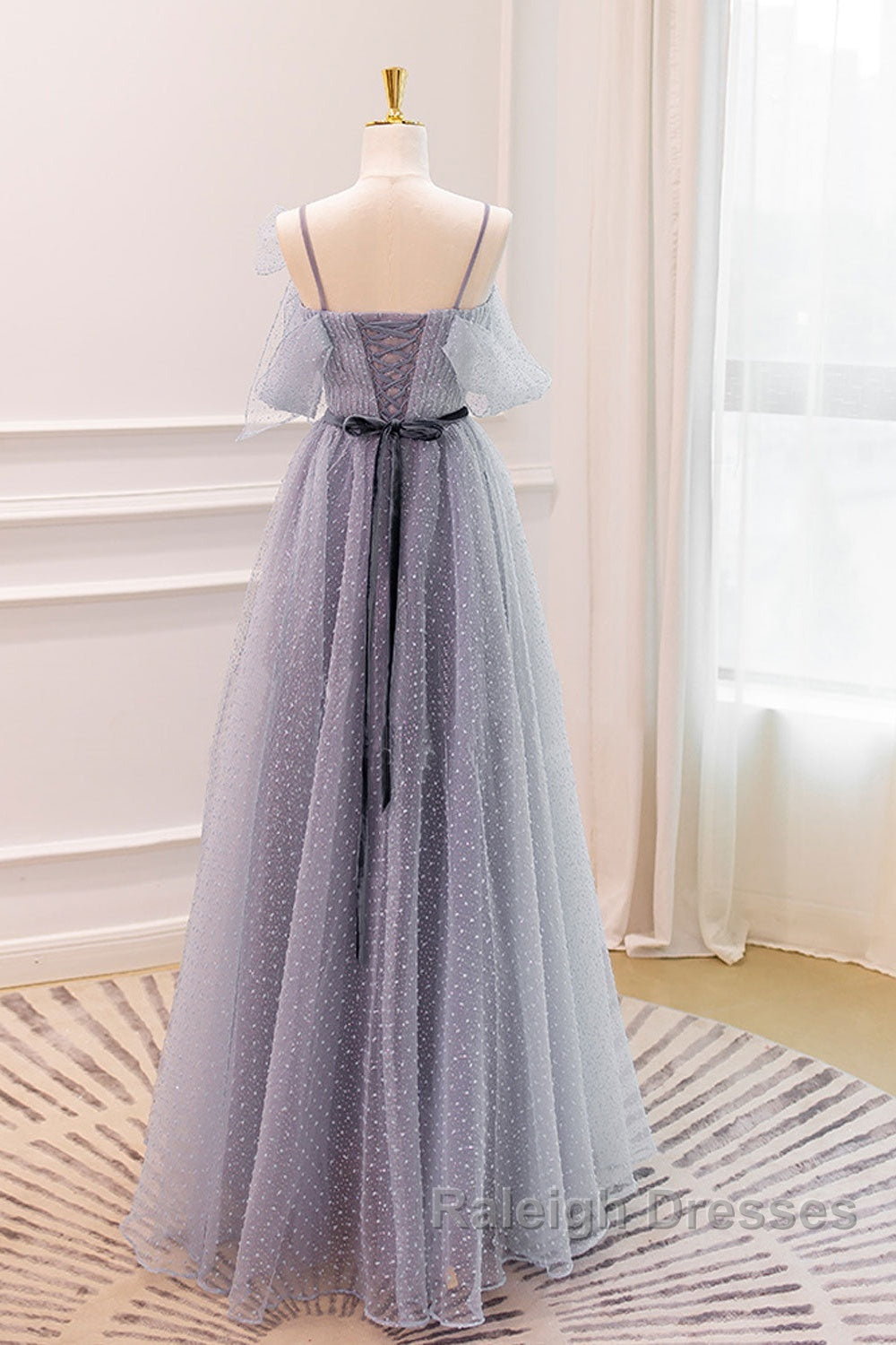 Gray A-Line Tulle Long Prom Dresses, Gray Formal Evening Dresses