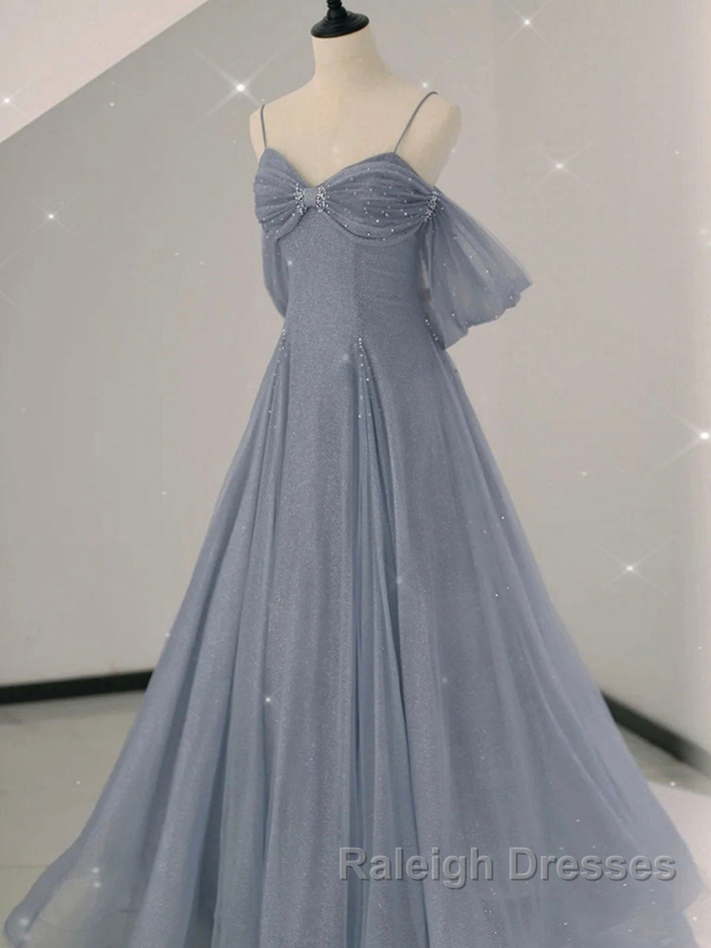 Gray A line tulle off shoulder prom dress, gray long evening dress Secondary image