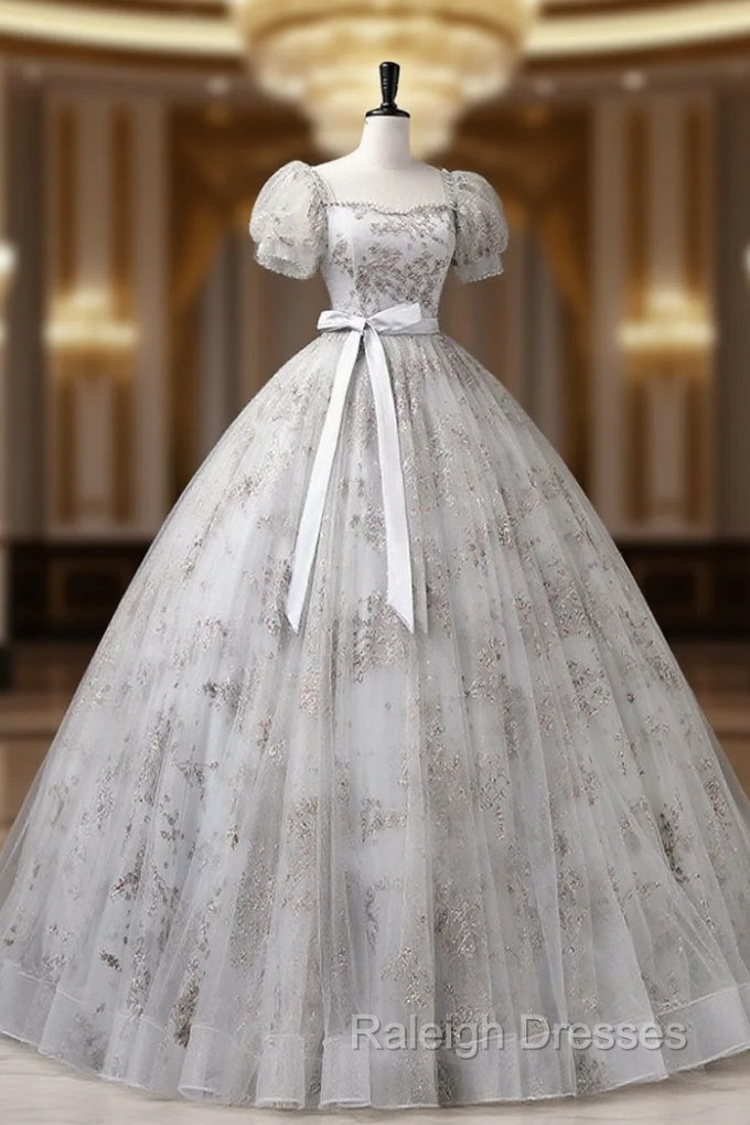 Gray A-Line Tulle Sequin Long Prom Dress, Gray Tulle Sweet 16 Dresses Main image