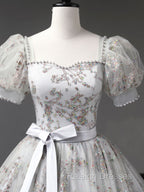 Gray A-Line Tulle Sequin Long Prom Dress, Gray Tulle Sweet 16 Dresses