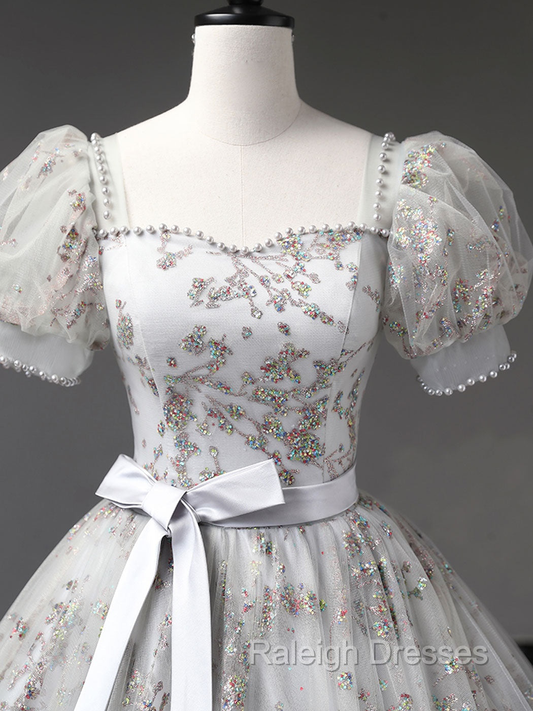 Gray A-Line Tulle Sequin Long Prom Dress, Gray Tulle Sweet 16 Dresses
