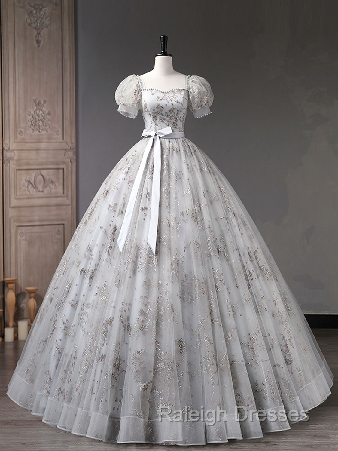 Gray A-Line Tulle Sequin Long Prom Dress, Gray Tulle Sweet 16 Dresses Secondary image