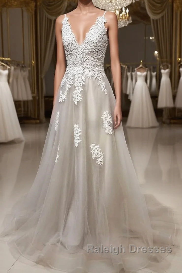 Gray A Line V Neck Lace Appliques Tulle Long Prom Dresses, Lace Gray Formal Dresses, Evening Dresses 2019