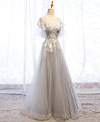 Gray Aline Lace Long Prom Dress, Gray Tulle Lace Formal Graduation Dress