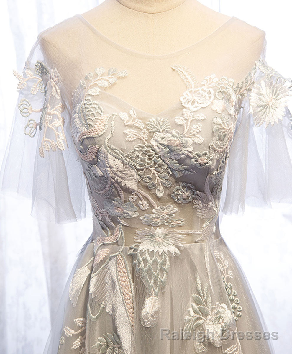 Gray Aline Lace Long Prom Dress, Gray Tulle Lace Formal Graduation Dress