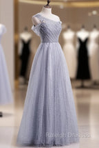 Gray Aline Long Prom Dress, One Shoulder Gray Formal Prom Dresses