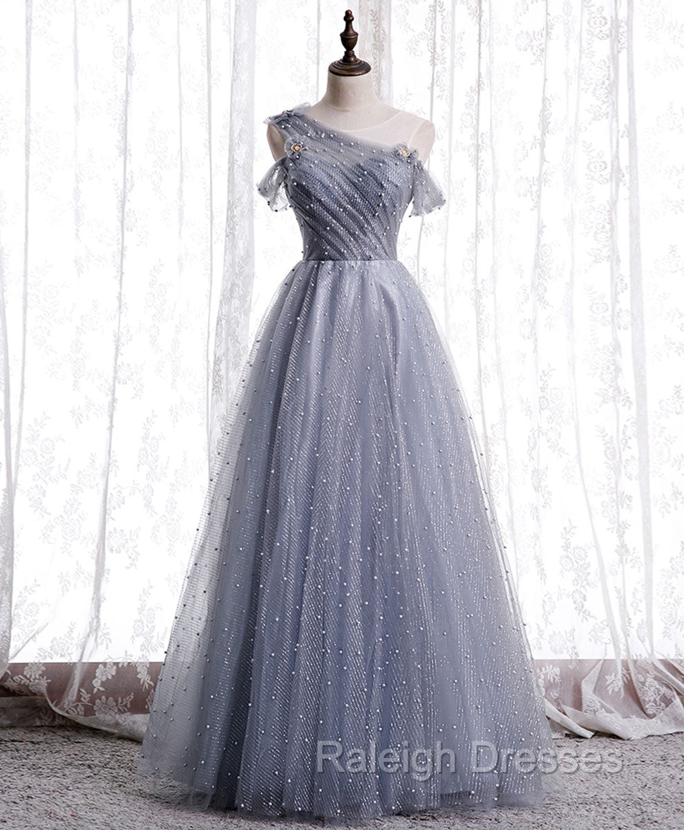 Gray Aline Long Prom Dress, One Shoulder Gray Formal Party Dresses Main image