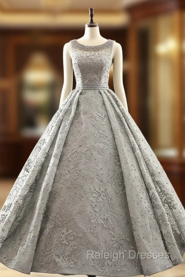 Gray Ball Gown Backless Appliques Pearls Floor Length Wedding Dress