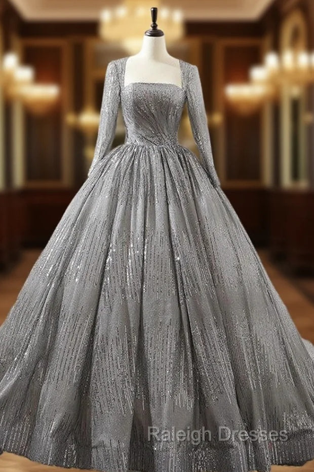 Gray Ball Gown Sequins Long Sleeve Backless Wedding Dress Main image