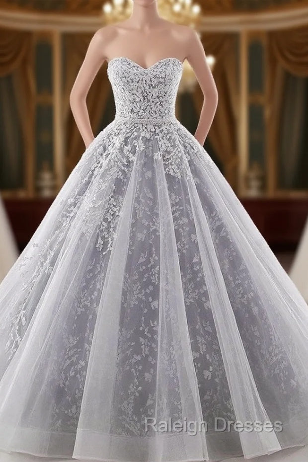 Gray Ball Gown Sweetheart Tulle Appliques With Sash Wedding Dress Main image