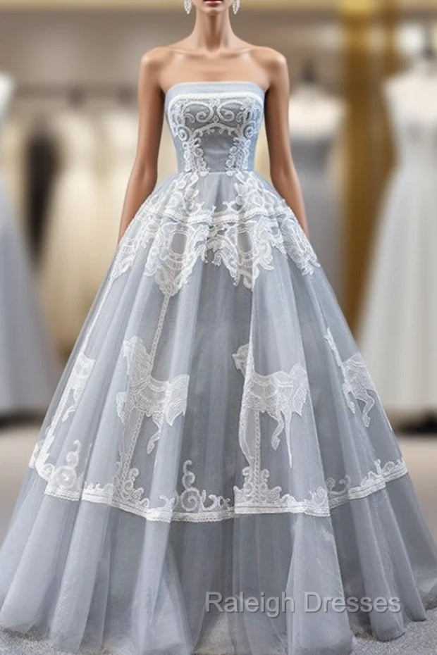 Gray Ball Gown Tulle Appliques Embroidery Strapless Prom Dress
