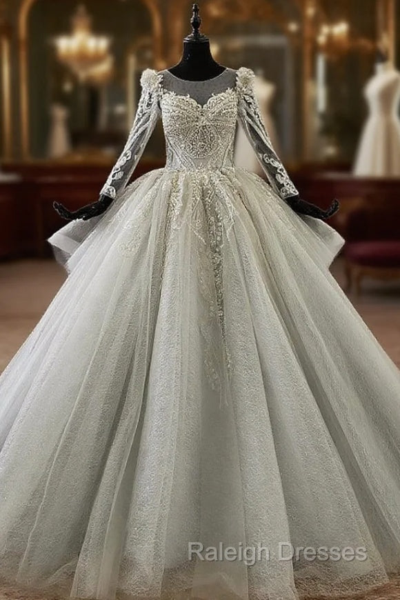 Gray Ball Gown Tulle Seuqins Beading Long Sleeve Wedding Dress With Long Train Main image