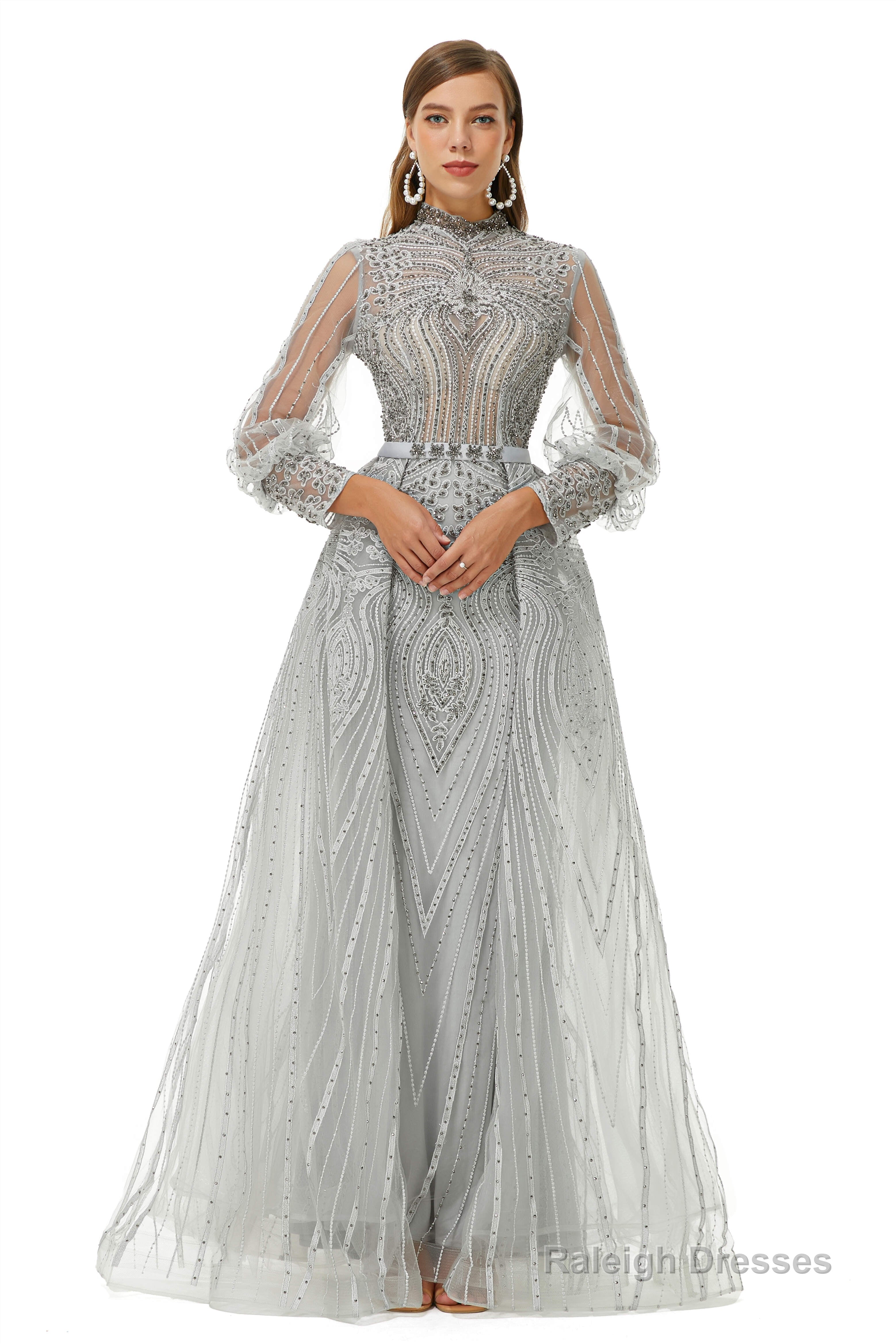 Gray Beaded Mermaid Long sleeves Prom Dresses