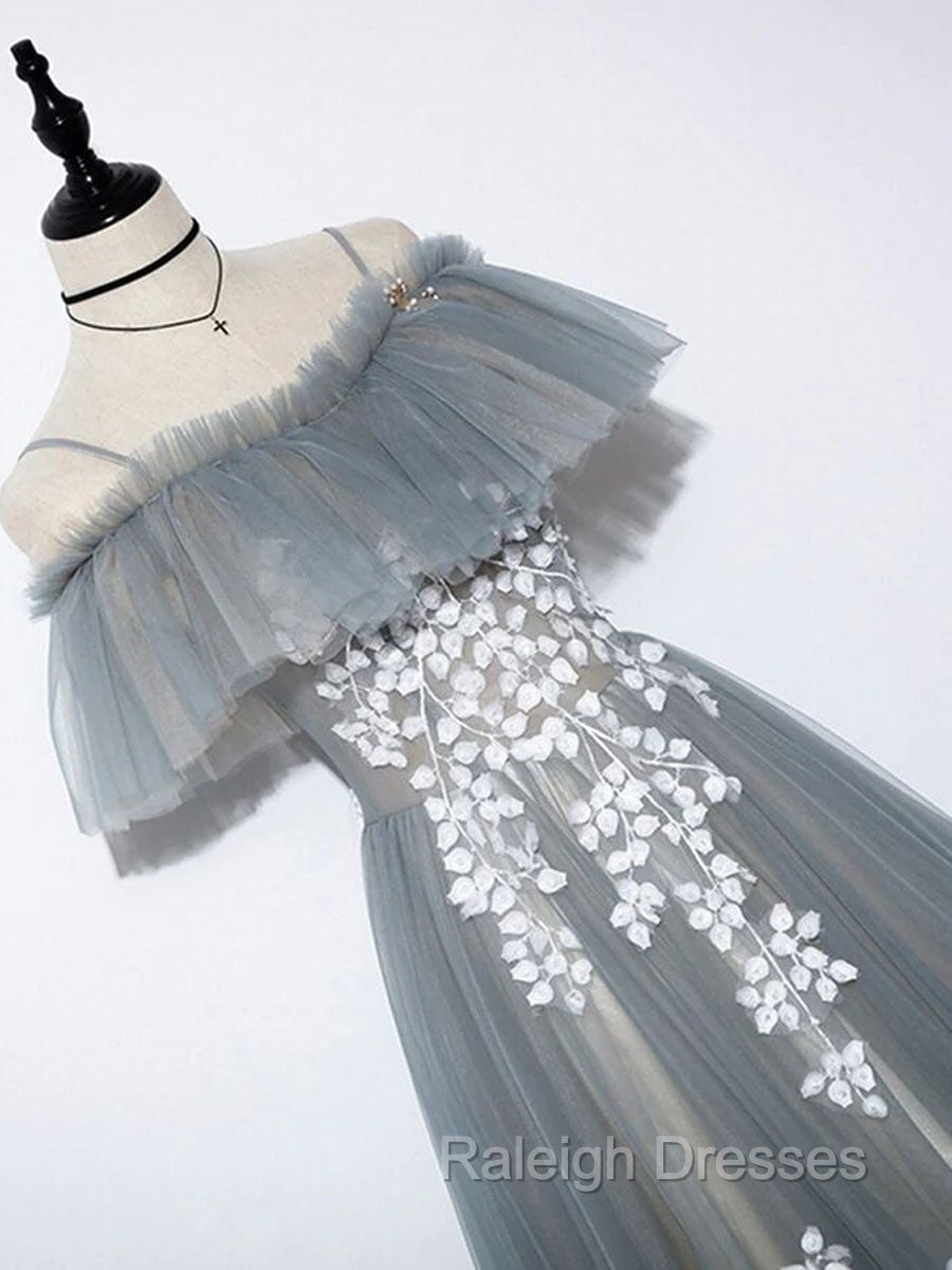 Gray Blue A line Tulle Lace Long Prom Dress, Gray Blue Graduation Dresses Secondary image