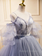 Gray Blue A-Line Tulle Lace Long Prom Dresses, Gray Blue Formal Graduation Dress