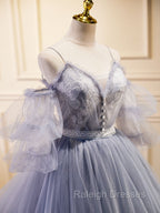 Gray Blue A Line Tulle Lace Long Prom Dresses, Gray Blue Formal Graduation Dress