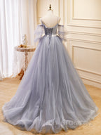Gray Blue A Line Tulle Lace Long Prom Dresses, Gray Blue Formal Graduation Dress