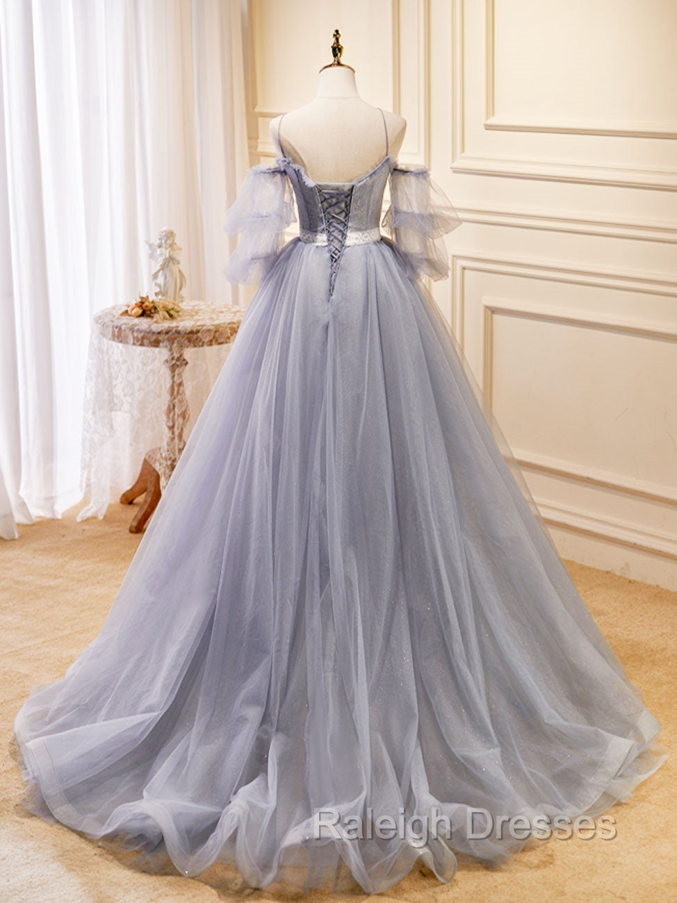 Gray Blue A Line Tulle Lace Long Prom Dresses, Gray Blue Formal Graduation Dress