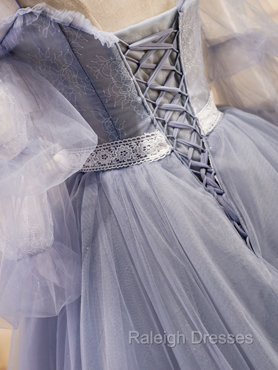 Gray Blue A-Line Tulle Lace Long Prom Dresses, Gray Blue Formal Graduation Dress