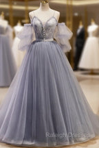 Gray Blue A Line Tulle Lace Long Prom Dresses, Gray Blue Formal Graduation Dress