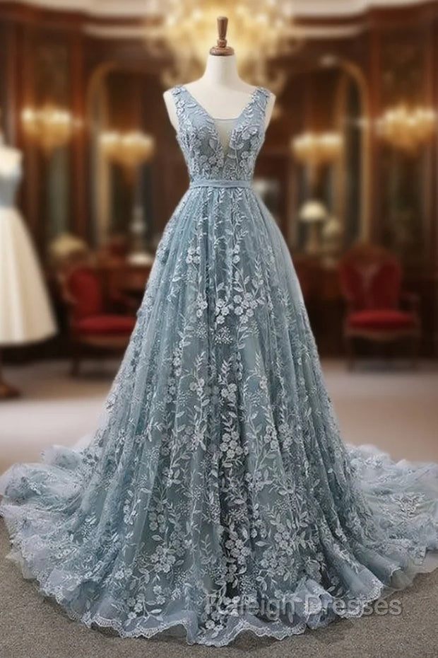 Gray Blue Ball Gown Tulle Appliques V-neck Backless Prom Dress