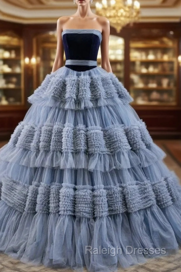 Gray Blue Ball Gown Tulle Strapless Tiers Pleats Prom Dress Main image