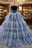 Gray Blue Ball Gown Tulle Strapless Tiers Pleats Prom Dress