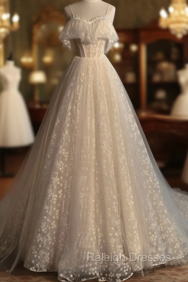 Gray blue/champagne Tulle Long Prom Dress, Tulle Formal Graduation Dresses
