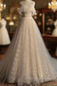 Gray blue/champagne Tulle Long Prom Dress, Tulle Formal Graduation Dresses