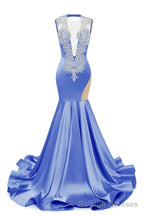Gray Blue Deep V Neck Mermaid Satin Prom Dresses Sparkly Beaded Pageant Crystals Prom Formal Dresses
