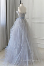 Gray Blue Lace Long Prom Dresses Strapless Prom Dresses