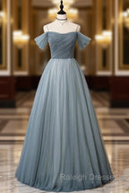 Gray Blue Spaghetti Strap Tulle Floor Length Prom Dresses Off Shoulder Prom Dresses