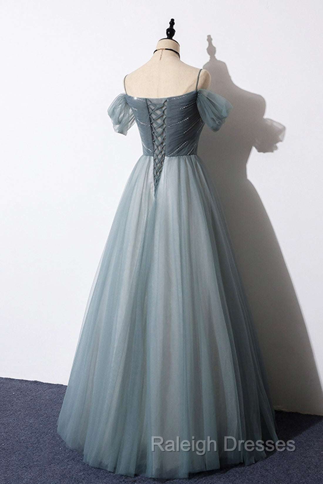 Gray Blue Spaghetti Strap Tulle Floor Length Prom Dresses Off Shoulder Prom Dresses