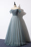 Gray Blue Spaghetti Strap Tulle Floor Length Prom Dresses Off Shoulder Prom Dresses