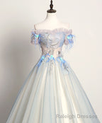 Gray Blue Sweetheart Lace Long Prom Dress, Gray Blue Tulle Evening Dress