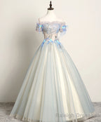 Gray Blue Sweetheart Lace Long Prom Dress, Gray Blue Tulle Prom Dress